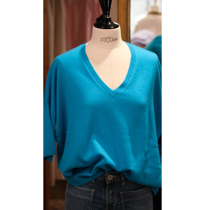 Pull cachemire manches courtes bleu fluo