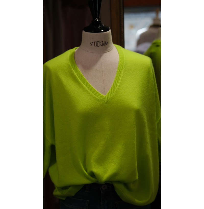 Pull cachemire manches courtes vert fluo