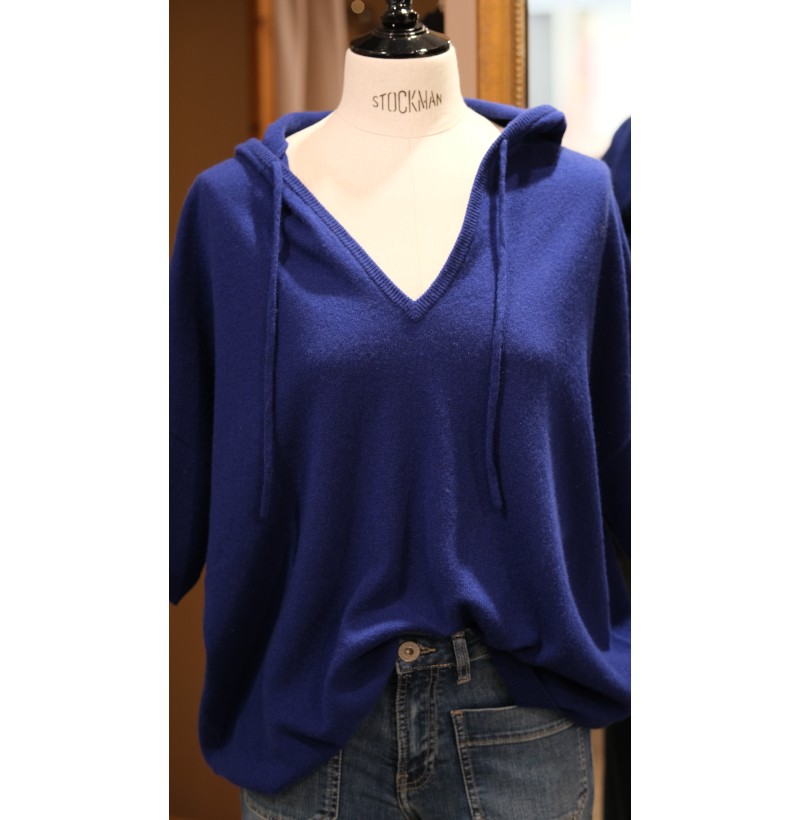 Pull capuche cachemire bleu nuit